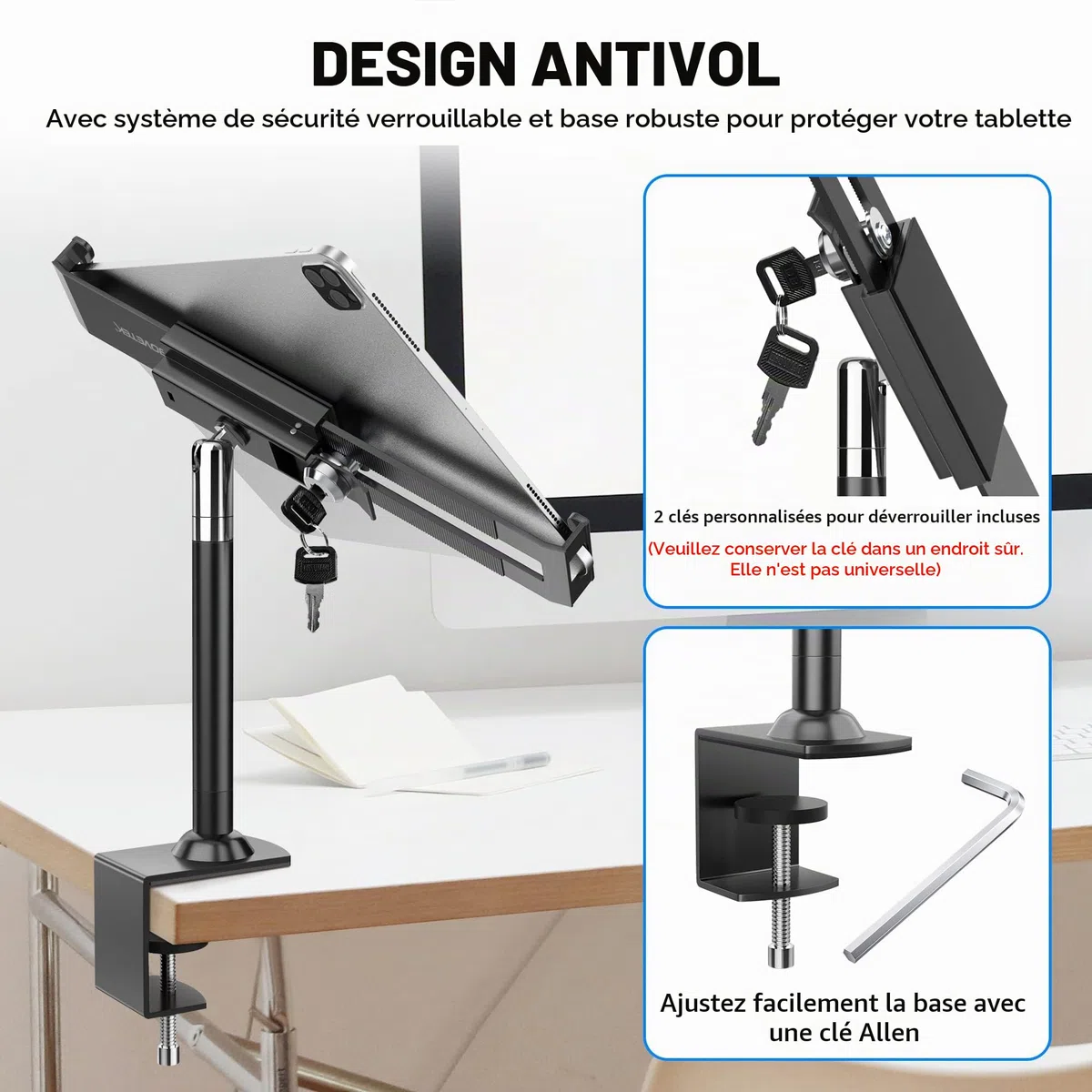 AboveTEK Support antivol verrouillable pour Tablette - 360/320 POS Swivel Support de Table de Bureau avec Pince pour iPad 7 à 11 Pouces Fire Microsoft Galaxy Tab Google (Noir)