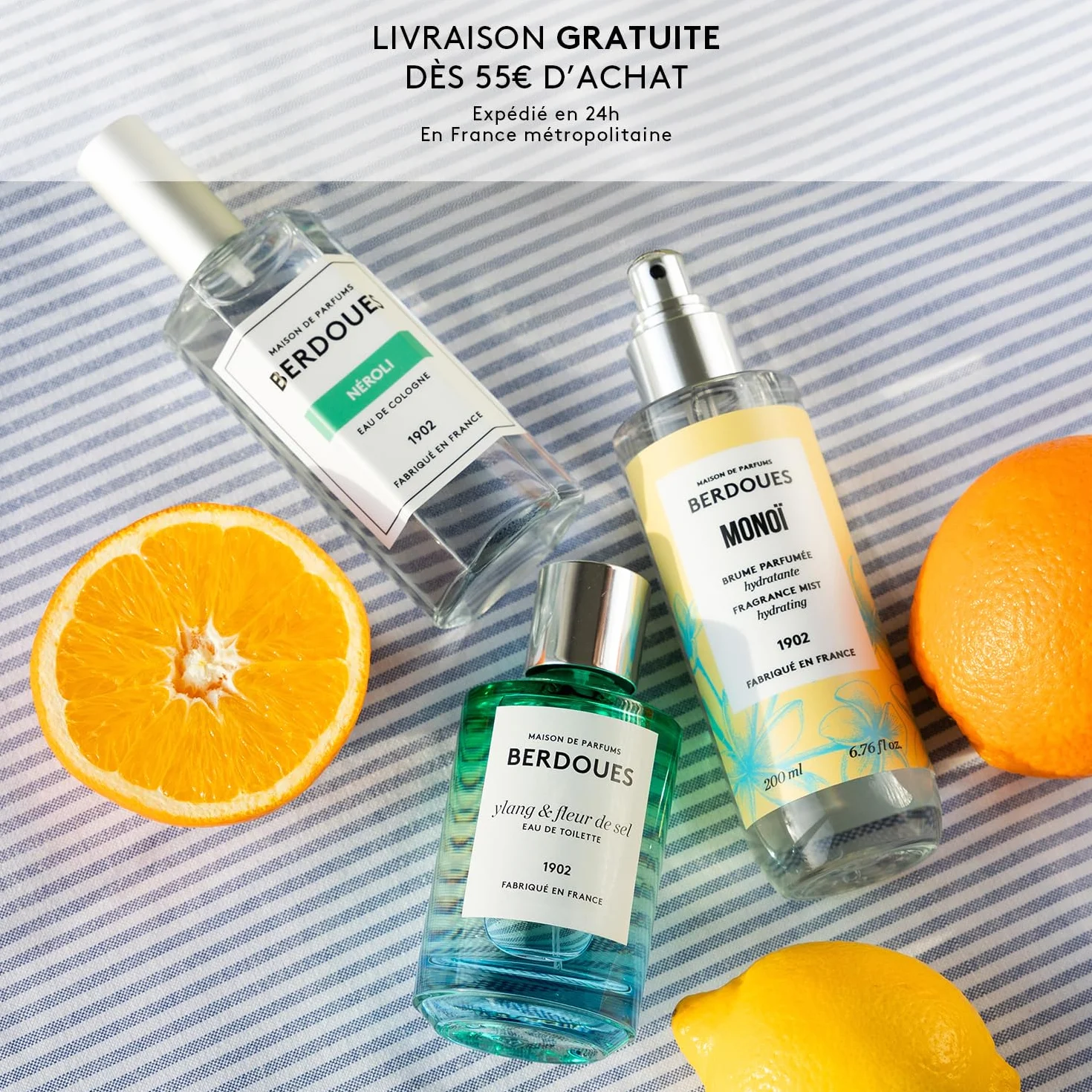 BERDOUES Brume parfumée protectrice cheveux 100 ml Lait corps pailleté 200 ml Parfum Monoï Tiaré femme 95% naturelle Vegan Made in France