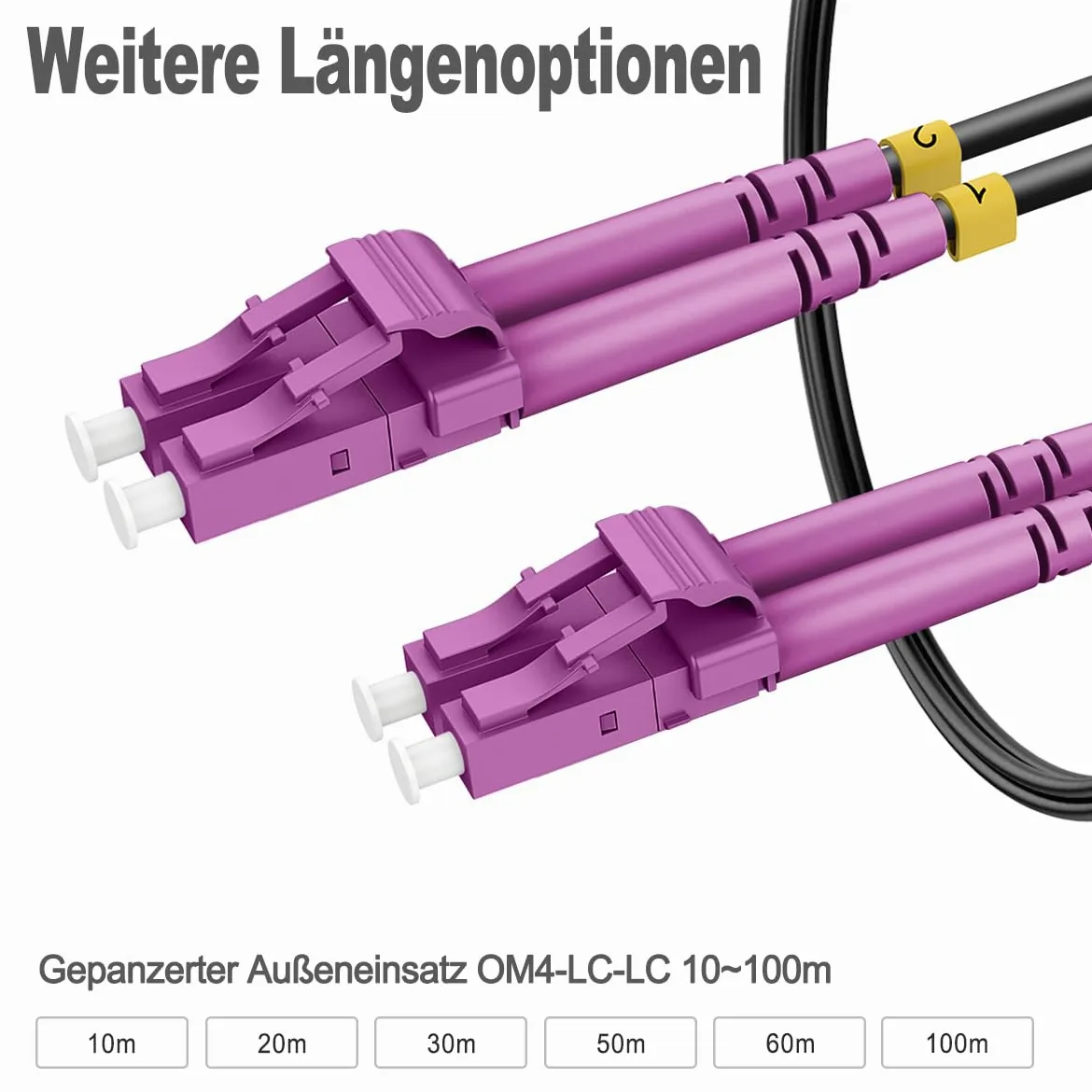 Câble fibre optique blindé OM4 LC vers LC duplex multimode 20 m - Pour l'intérieur et l'extérieur - 10 Go 50/125um LSZH OD 3,0 mm - Noir