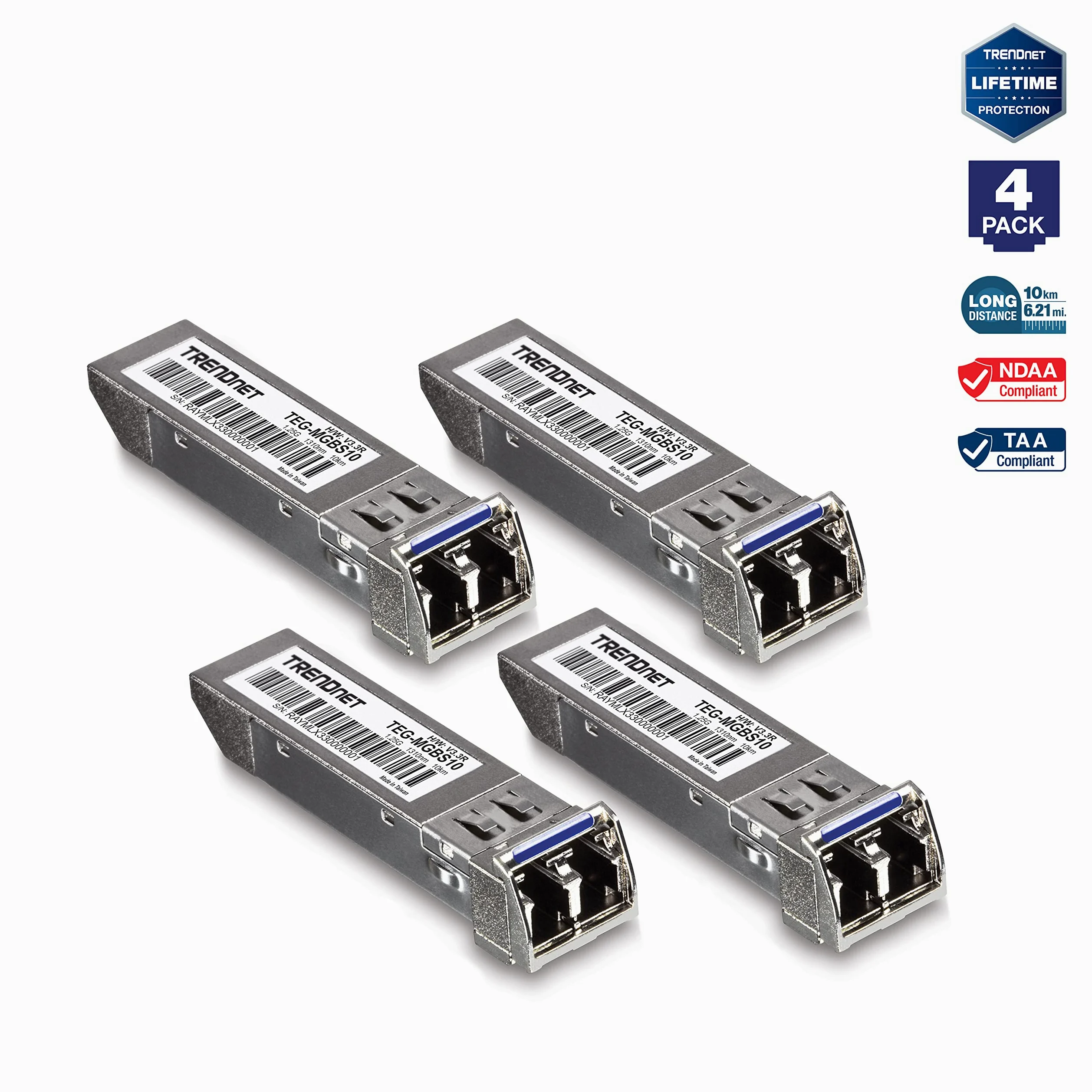 TRENDnet SFP Lot de 4 modules LC monomode TEG-MGBS10/4, pour fibre monomode, distances jusqu'à 10 km, Gigabit SFP, prend en charge jusqu'à 1,25 Gbit/s, IEEE 802.3z Gigabit Ethernet, protection à vie