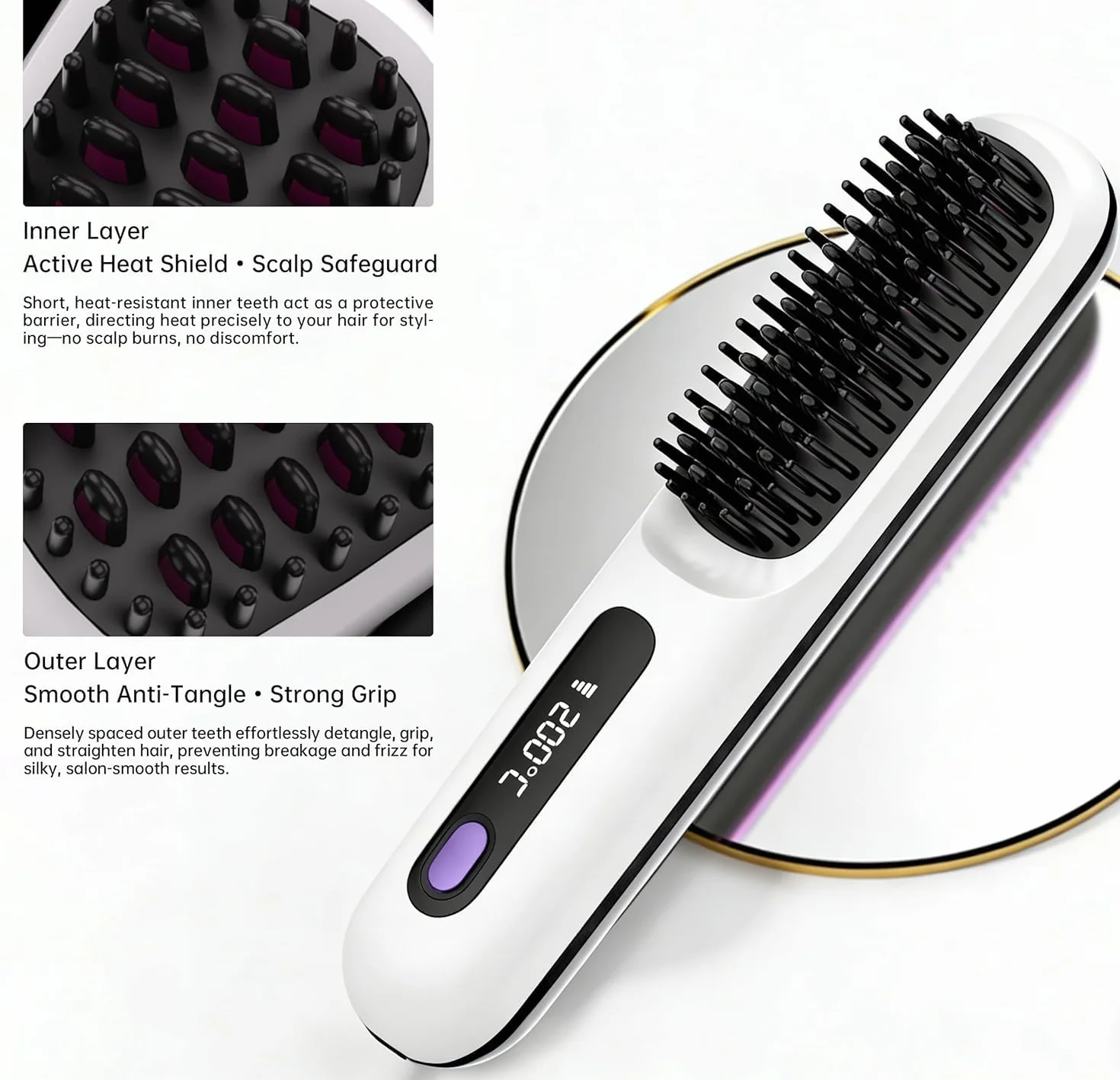 Brosse Lissante Sans Fil Portable Rechargeable Revêtement Céramique 3 Niveaux Température