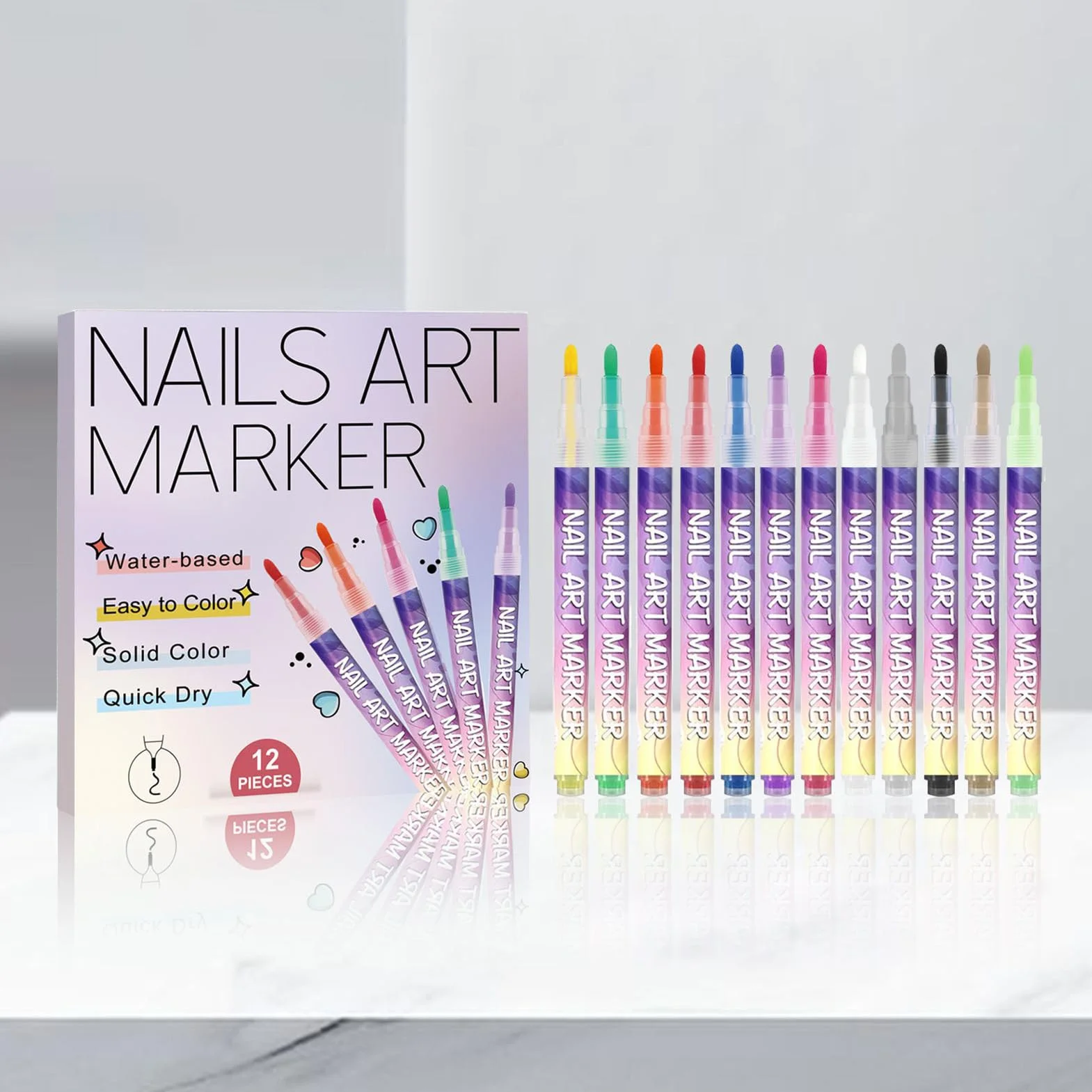 Feutres À Ongles 12 Couleurs Kit Stylo Vernis Ongles 3D Séchage Rapide DIY