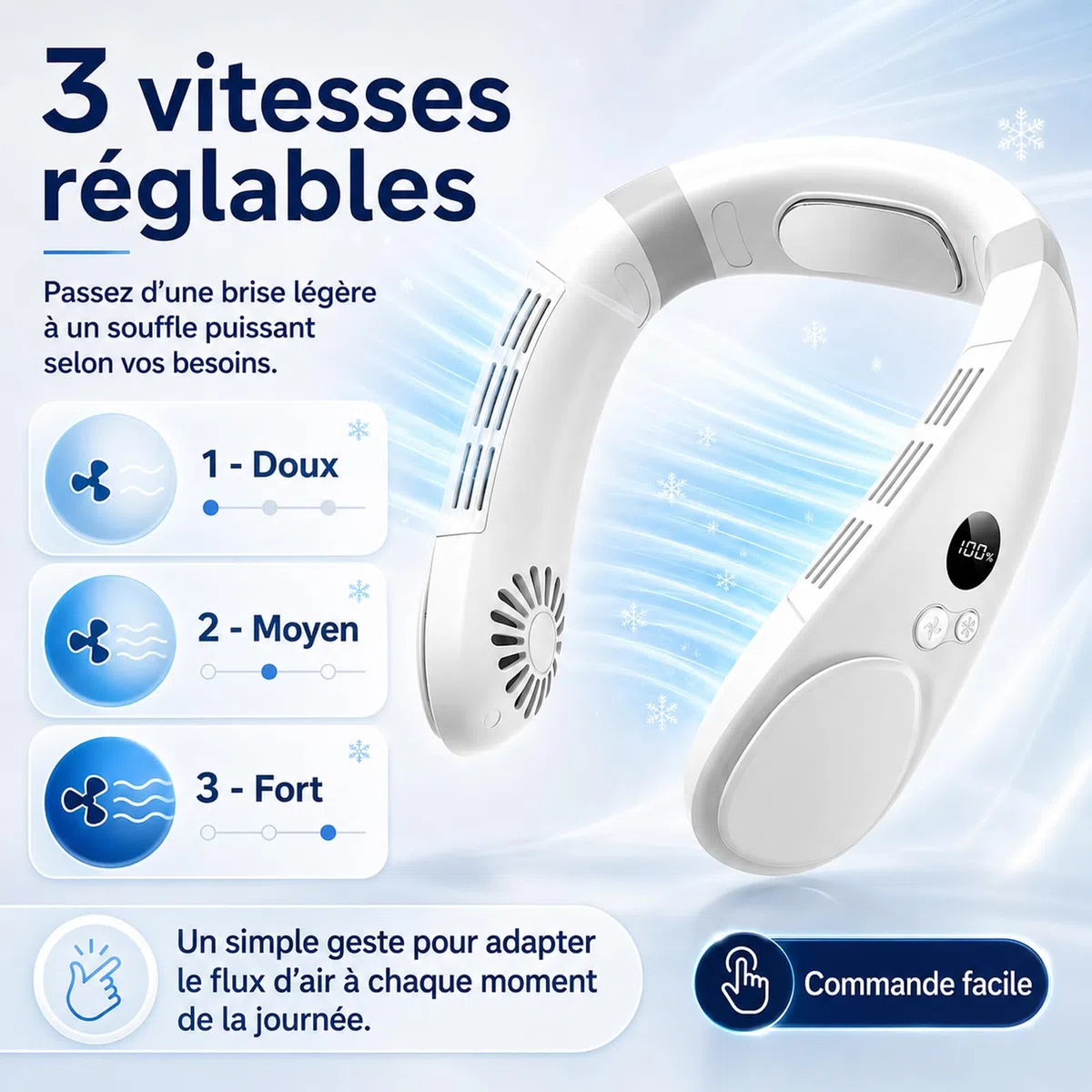 Ventilateur de cou 4000mah Réduction bruit 3 vitesses réglables