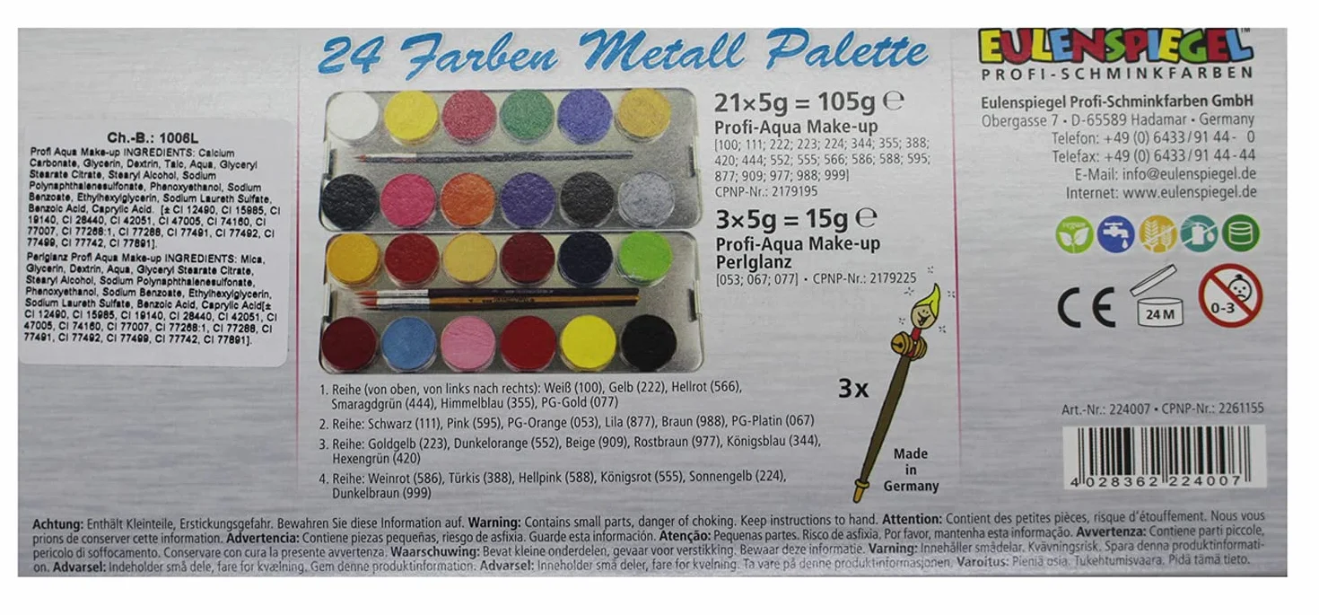 Eulenspiegel Maquillage aqua professionnel 24 couleurs Palette métallique avec pinceaux et éponges