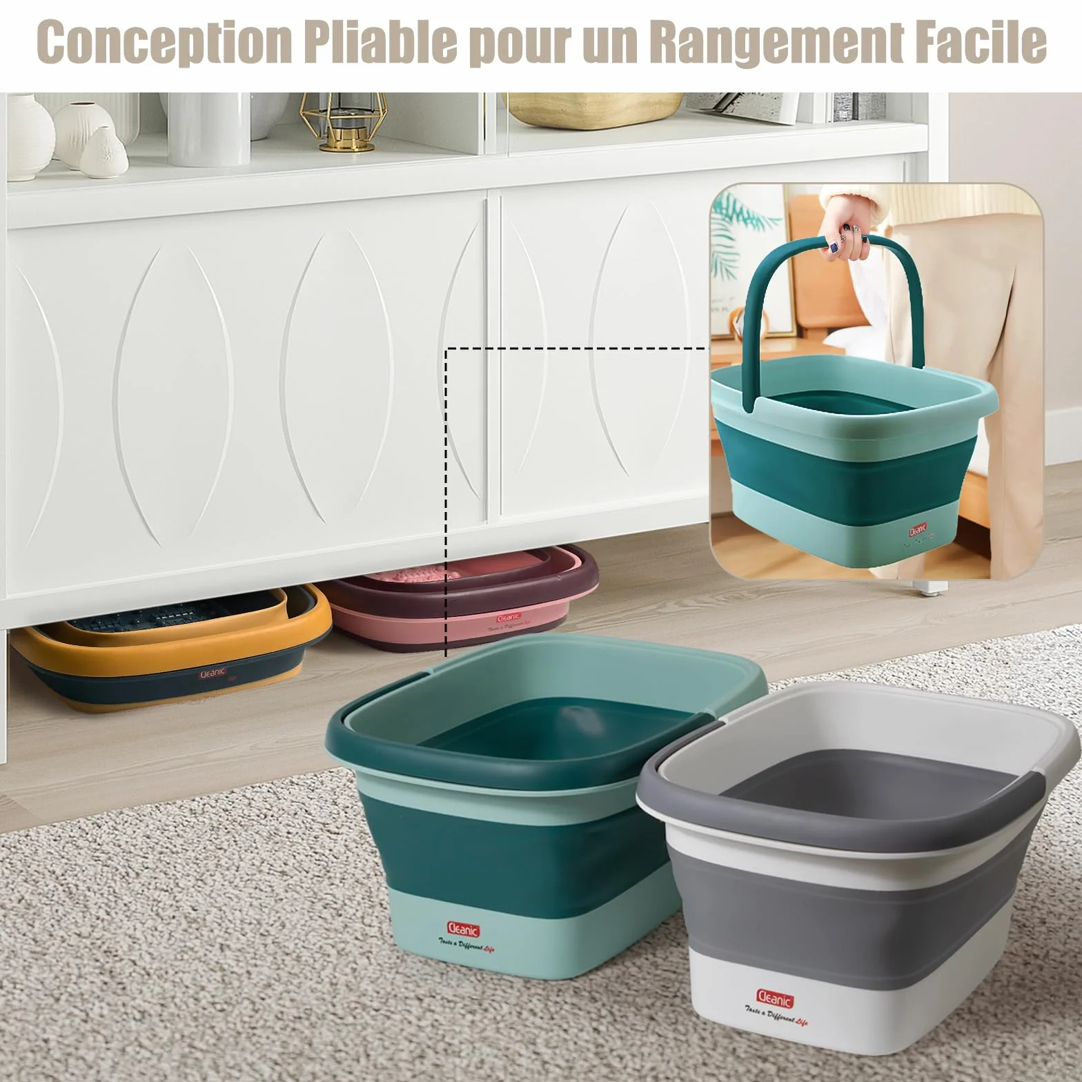 DEANIC Bain de Pied Plié, Bassine Pied avec Poignée, Thalasso Pied 8 Rouleaux Massage 54 Bosses (Gris)