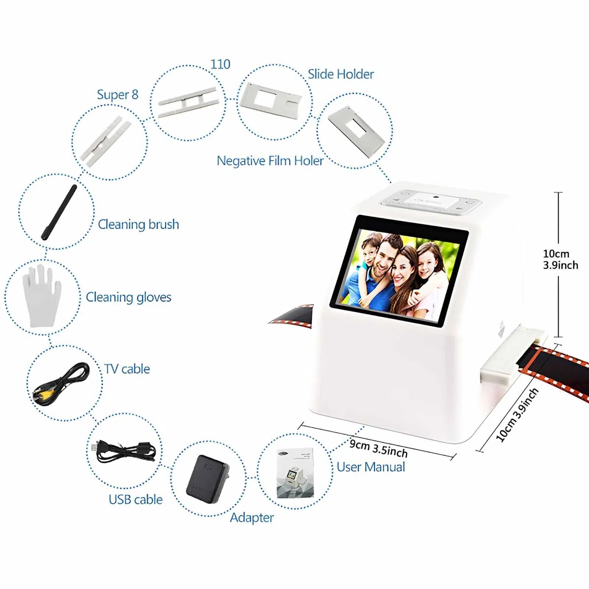 Scanner de film et de diapositives, scanner multifonction 22 MP avec écran LCD de 2,4", convertit la couleur et le noir et blanc 35 mm, 126, 110 et super 8 diapositives et négatifs en images
