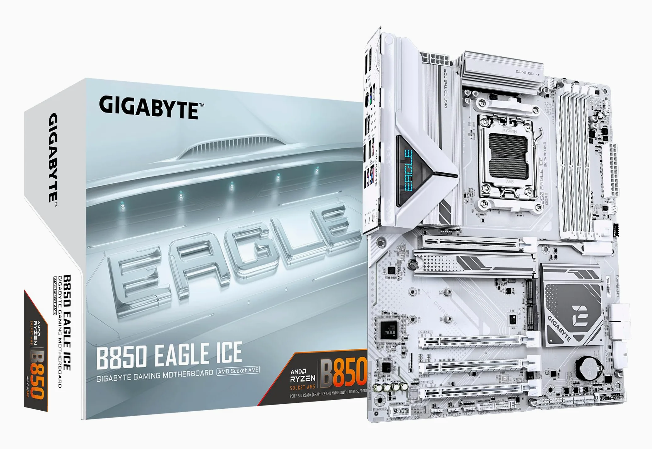 GIGABYTE B850 Eagle Ice Carte Mère – Processeurs AMD Ryzen série 9000, VRM numérique 8+2+2 Phases, Jusqu’à 8200 MHz DDR5 (O.C), 1 x M.2 PCIe 5.0 + 2 x M.2 PCIe 4.0, LAN 2.5 GbE, USB 3.2 Gen 2