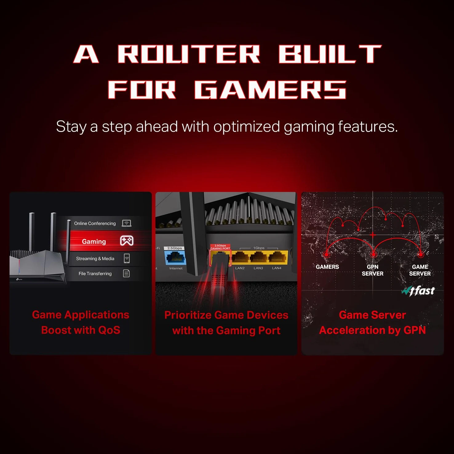 TP-Link Routeur de jeu double bande BE6500 WiFi 7 6,5 Gbps (Archer GE400) | 6 flux, 2 x 2,5 G + 3 x 1 G, accélération de jeu, port et panneau de jeu dédiés, éclairage RVB, Easymesh
