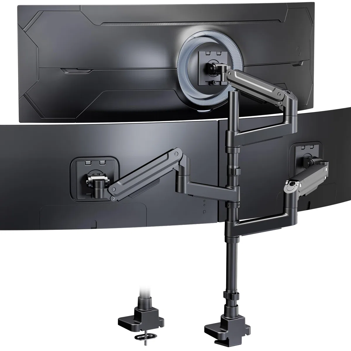 PUTORSEN Support 3 Ecran PC pour Écran de 17 à 49 Pouces, Support Triple Ecran, Capacité de Poids de 20kg par Bras, Support d'écran Pivotant et Inclinable, Support Ecran PC 3 Ecran, VESA 75/100 mm
