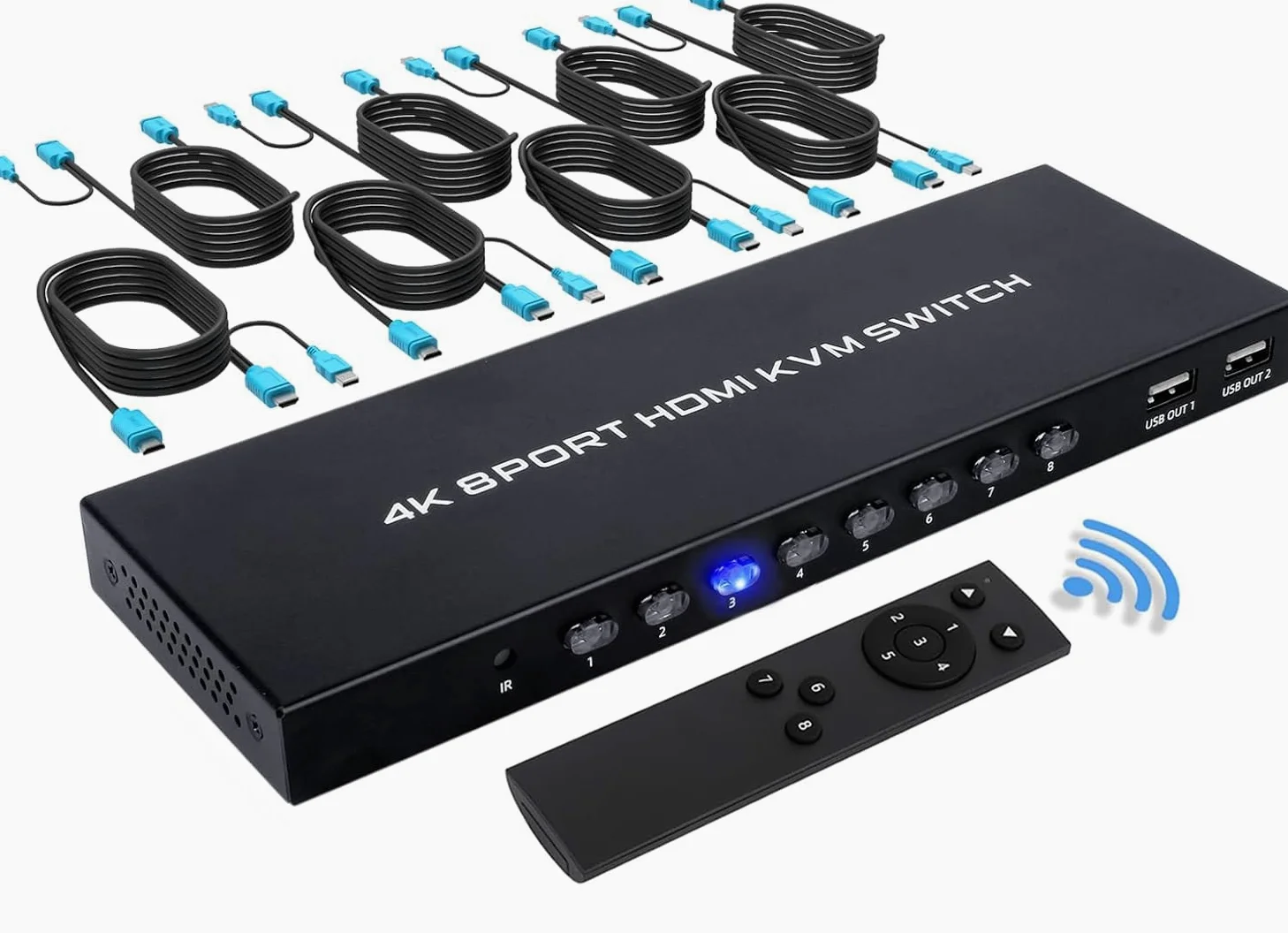 Commutateur KVM HDMI, 8 ports USB HDMI, 8 en 1 sortie KVM avec télécommande infrarouge et 8 câbles KVM, prend en charge 4K @ 30 Hz et montage en rack