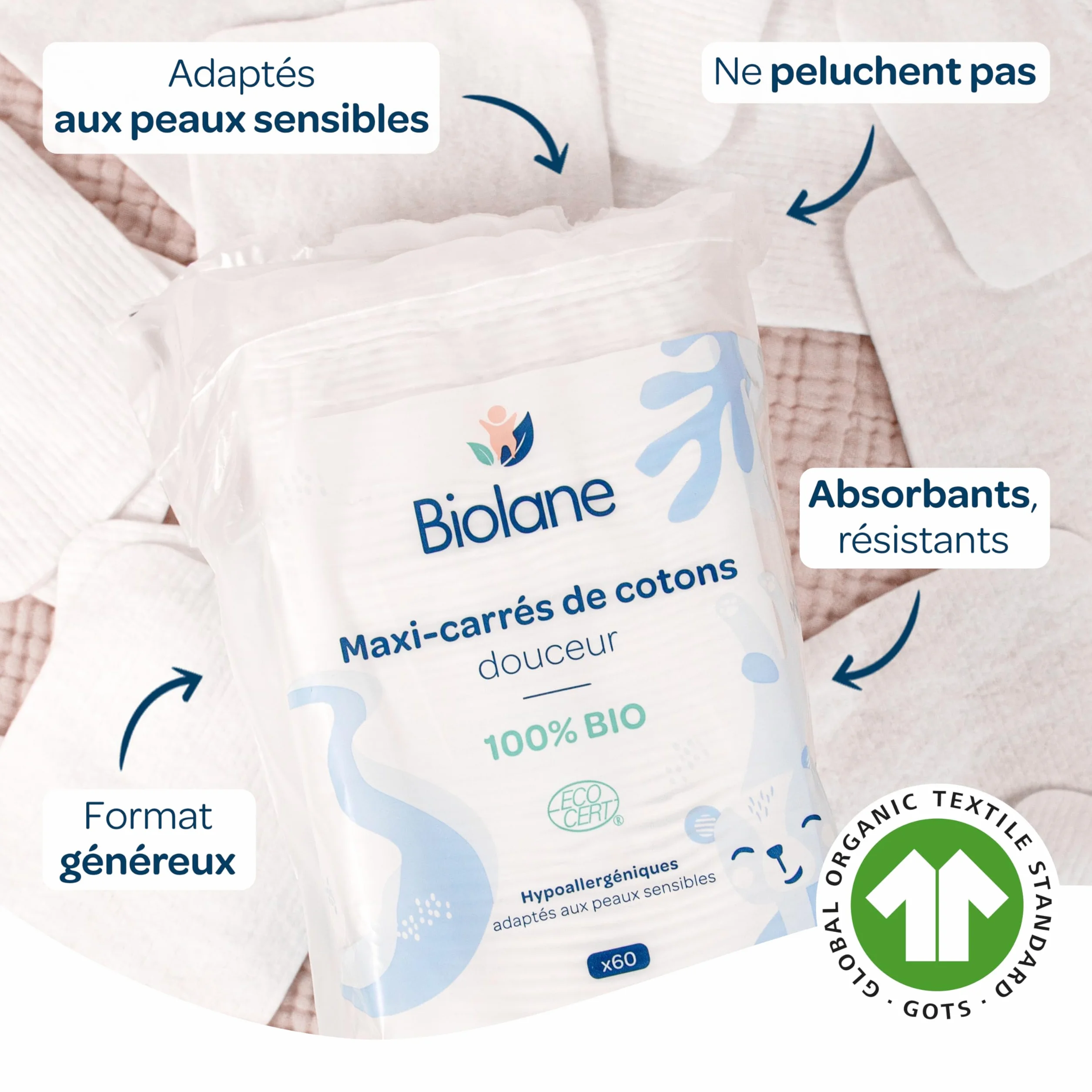 BIOLANE Lot de 12 Maxi-Carrés de cotons 100% Bio 720 Cotons Peaux sensibles Change & Toilette