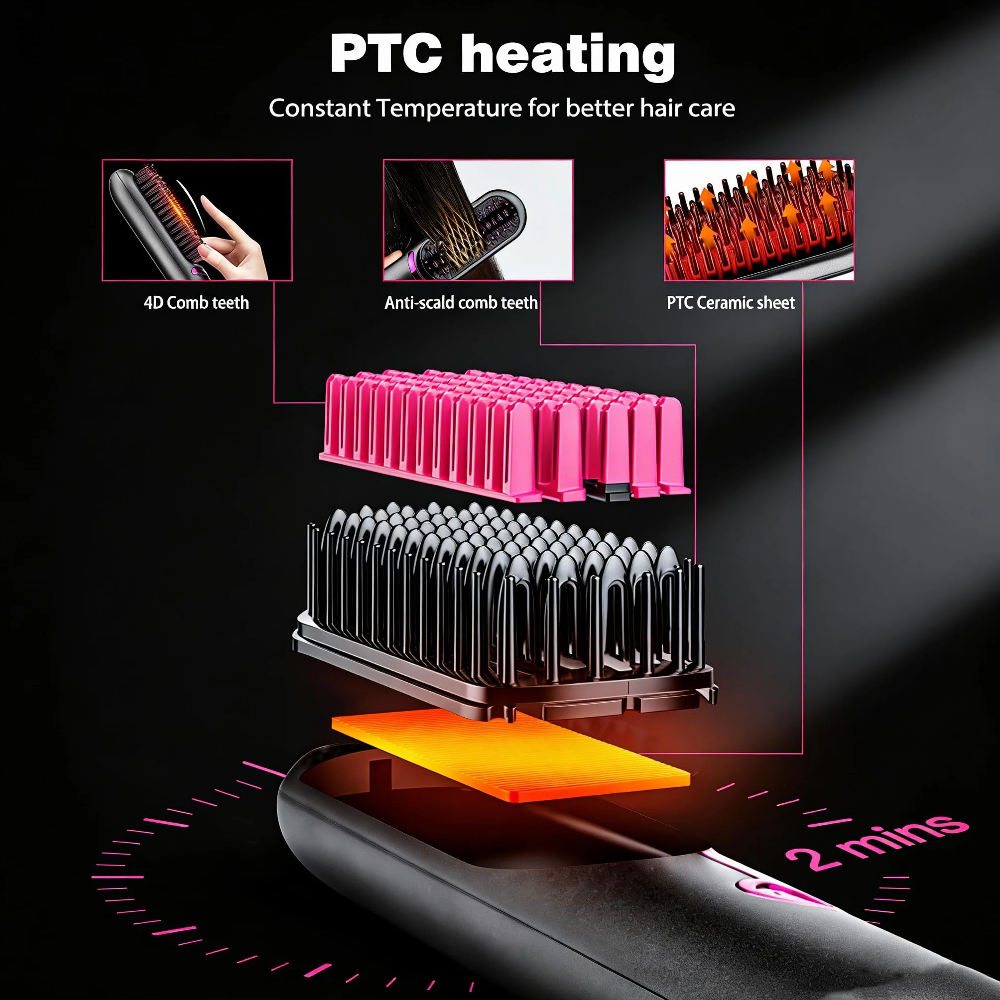 Brosse Lissante Cheveux Ionique Portable Sans Fil Fer à Lisser Défrisage Peigne Charge USB 2 en 1 Noir