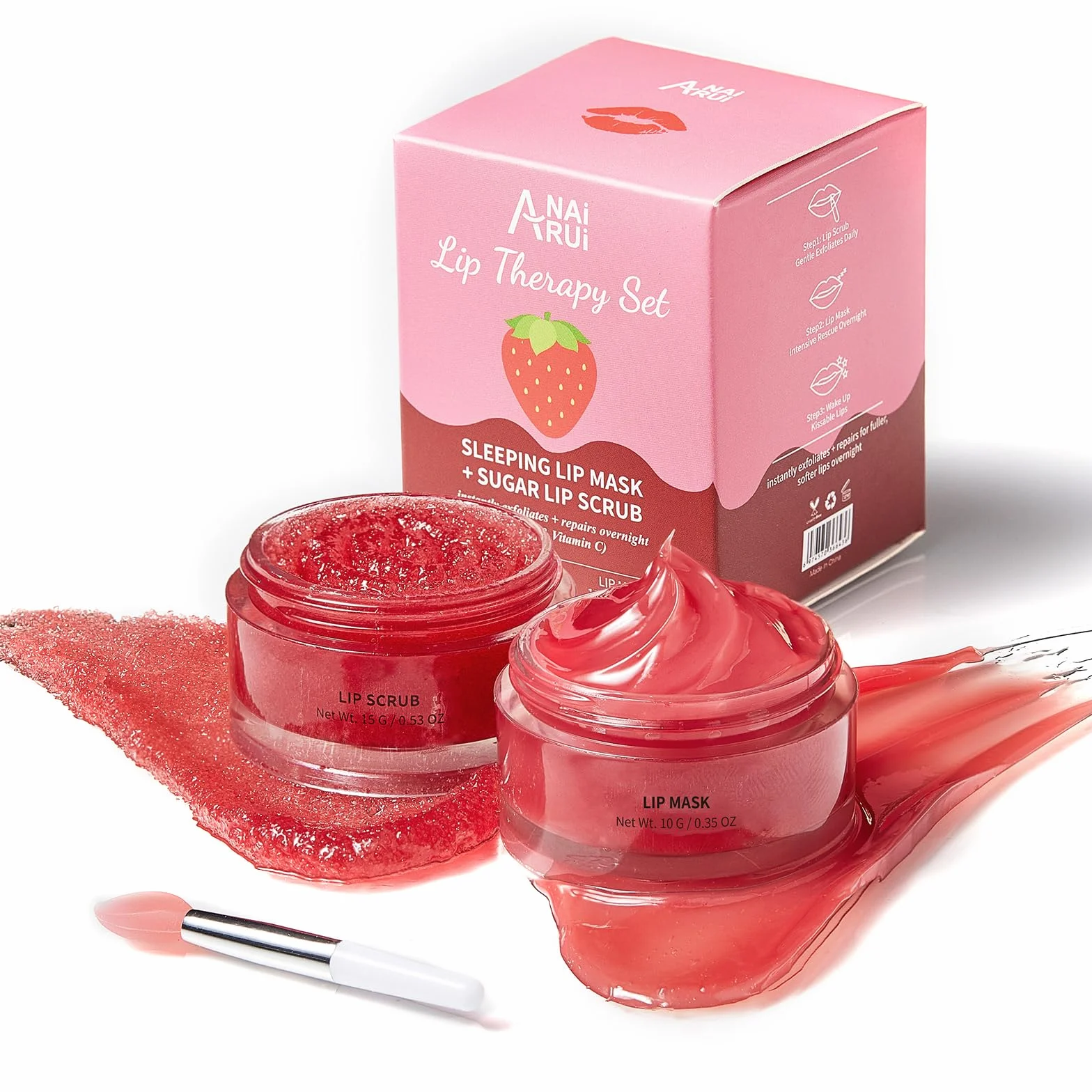 Kit de Soin pour les Lèvres ANAiRUi - Masque Baume & Gommage Sucré - Masque de Nuit Baies Vitamine C