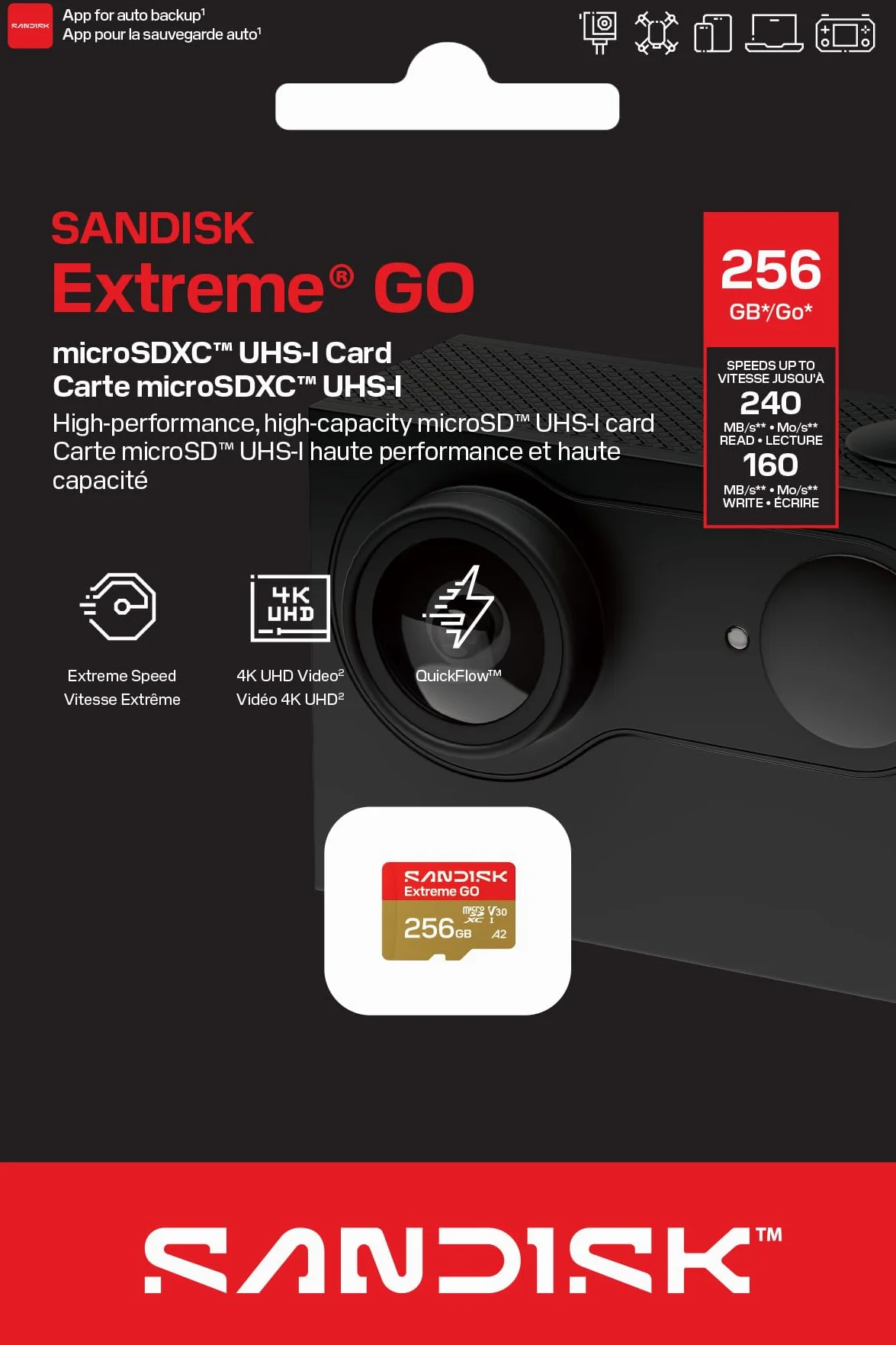 SANDISK Carte microSDXC UHS-I Extreme GO 256 Go, vidéo UHD 5K et 4K, lecture 240 Mo/s en lecture, 160 Mo/s en écriture, A2, U3, V30, haute vitesse pour Android, caméra d'action et jeux vidéo