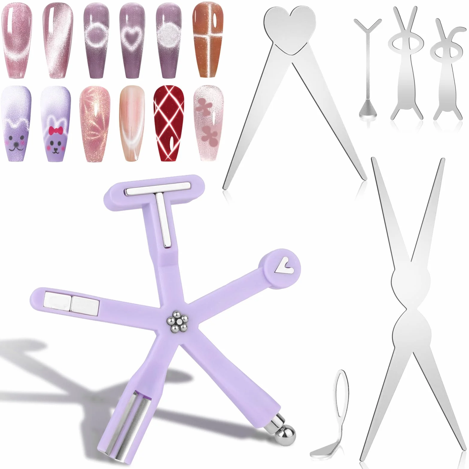 8 in 1 Cat Eye Magnet Set, 7 Pièces Aimant Ongle, Outils de Nail Art DIY avec Lapin et Cœur